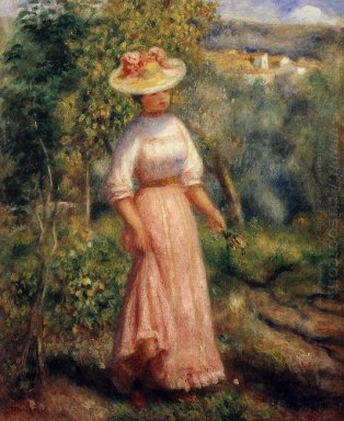 Jeune femme en rouge dans le champs 1900
