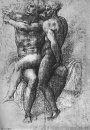 Naken Kvinna Sittande på knäna av en placerad Male Nude Adam och