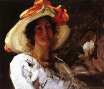 Retrato de Clara Stephens lleva un sombrero con una cinta anaran