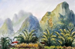 Montagnes, arbres, aquarelle - peinture chinoise