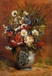 daisies and peonies in blue vase 1876