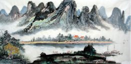 Mountains, River, Boat - Chinese Painting