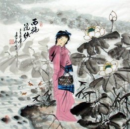 Beautiful lady, flowers - Chinese Painting