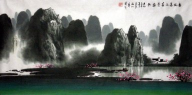 Montagnes, l\'eau, fleurs de prune - Peinture chinoise