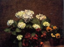 Hydrangias kryddnejlika och två krukor av Pansies 1879