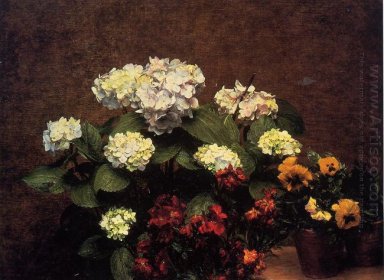 Hydrangias teentjes en Twee Potten met viooltjes 1879