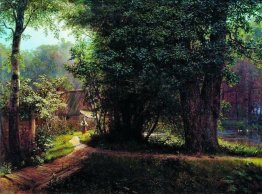 Landscape with trees, houses and river