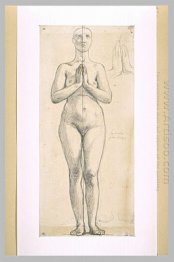 Nude Woman Standing Front View Hands Clasped In Front Of The Che