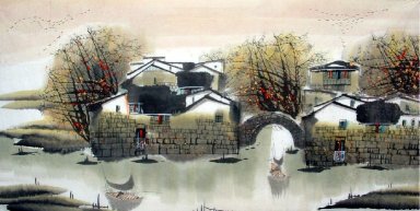 Hus, flod - kinesisk målning