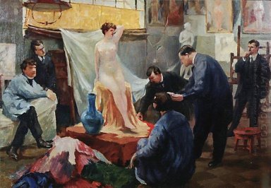 Erklärung des Modells im Atelier von Ilya Repin 1899