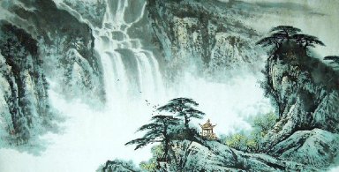 Paysage avec chute d\'eau - peinture chinoise