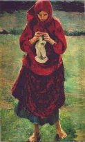 Peasant Girl Knitting en Stocking