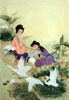 Belle dame, Lotus - peinture chinoise