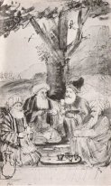 Four Orientals Seated Under A Tree Ink On Paper