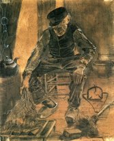 An Old Man Putting Dry Rice On The Hearth 1881