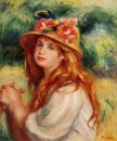 Blond In A Straw Hat Seated Girl