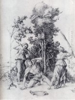 orpheus slain by bacchantes with a boy running away 1494