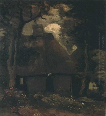 Cottage mit Bäumen und Bäuerin 1885