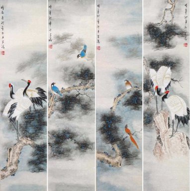 Crane & Pine (Cuatro Pantallas) - la pintura china