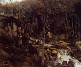 Lormes A Waterfall With A Standing Peasant Spinning Wool 1842