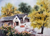 Ferme, aquarelle - peinture chinoise