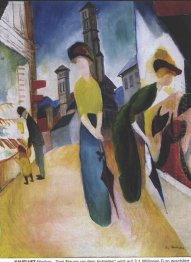 two women in front of a hat shop