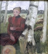 Gadis Di Pohon Birch Dan Kawanan Domba Di Latar Belakang