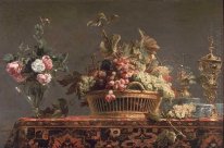 Grapes in a basket and roses in a vase