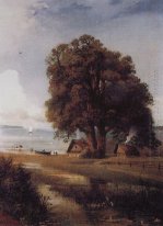 landscape with a farm near lake