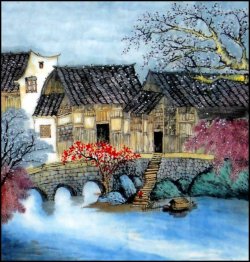 Building, Trees, River- Chinese Painting