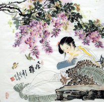 Beautiful lady, flowers - Chinese Painting