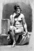 Desnudo sentado Mujer junto a una fuente