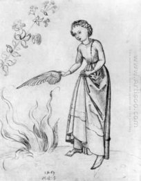 Young Woman Fanning A Fire With A Bird S Wing