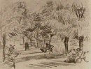 Une ruelle dans le jardin public avec des bancs 1888