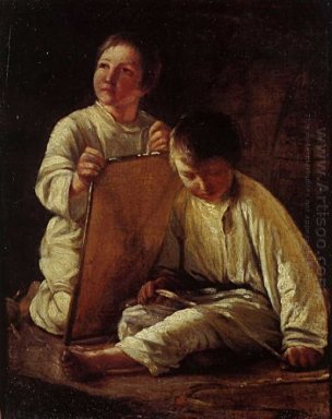 Dois menino camponês com uma pipa