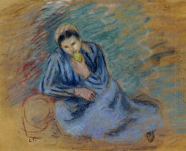 seated peasant woman crunching an apple