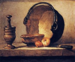 Still Life with Pestle, Bowl, Copper Cauldron, Onions and a Knif