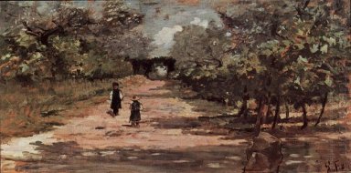 Le boulevard bordé d\'arbres avec deux enfants