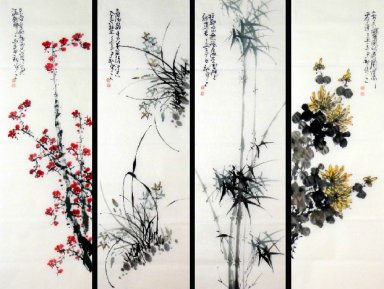 Pruim,Orchid,Bamboe, Chrysanthemum-Four InOne-- Chinees schilder