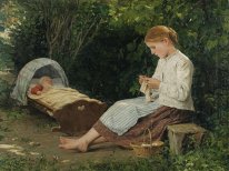 Knitting Girl Watching the Toddler in a Craddle