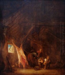 A Barn Interior with a Slaughtered Pig, Children Playing Beyond