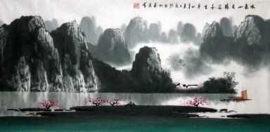 Bergen, water, Pruim Bloemen - Chinees schilderij