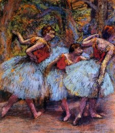 three dancers blue skirts red blouses