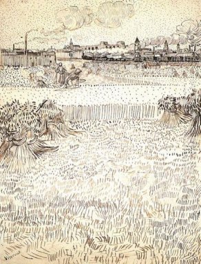 Champ de blé avec des gerbes et Arles Dans Le Fond 1888