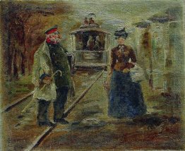 On The Platform Of The Station Street Scene With A Receding Carr