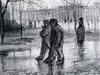 A Public Garden With People Walking In The Rain 1886