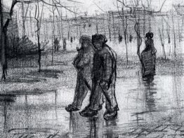 A Public Garden With People Walking In The Rain 1886