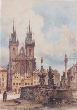 Lihat Of The Old Town Square Dengan Gereja Di Praha Mereka 1843