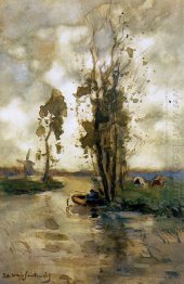 Fisherman in polder landscape