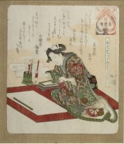 Mujer que prepara para la Primera caligrafía del Año (Kakizome)